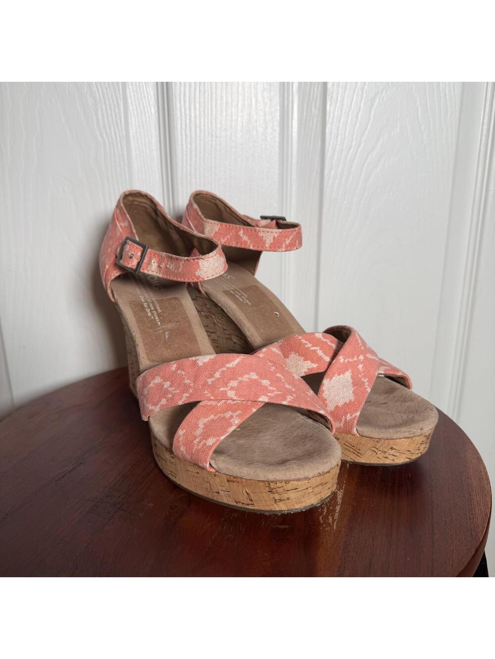 Coral Aztec Canvas Cork Wedge Sandals Ankle Strap Platform Boho Summer Shoes